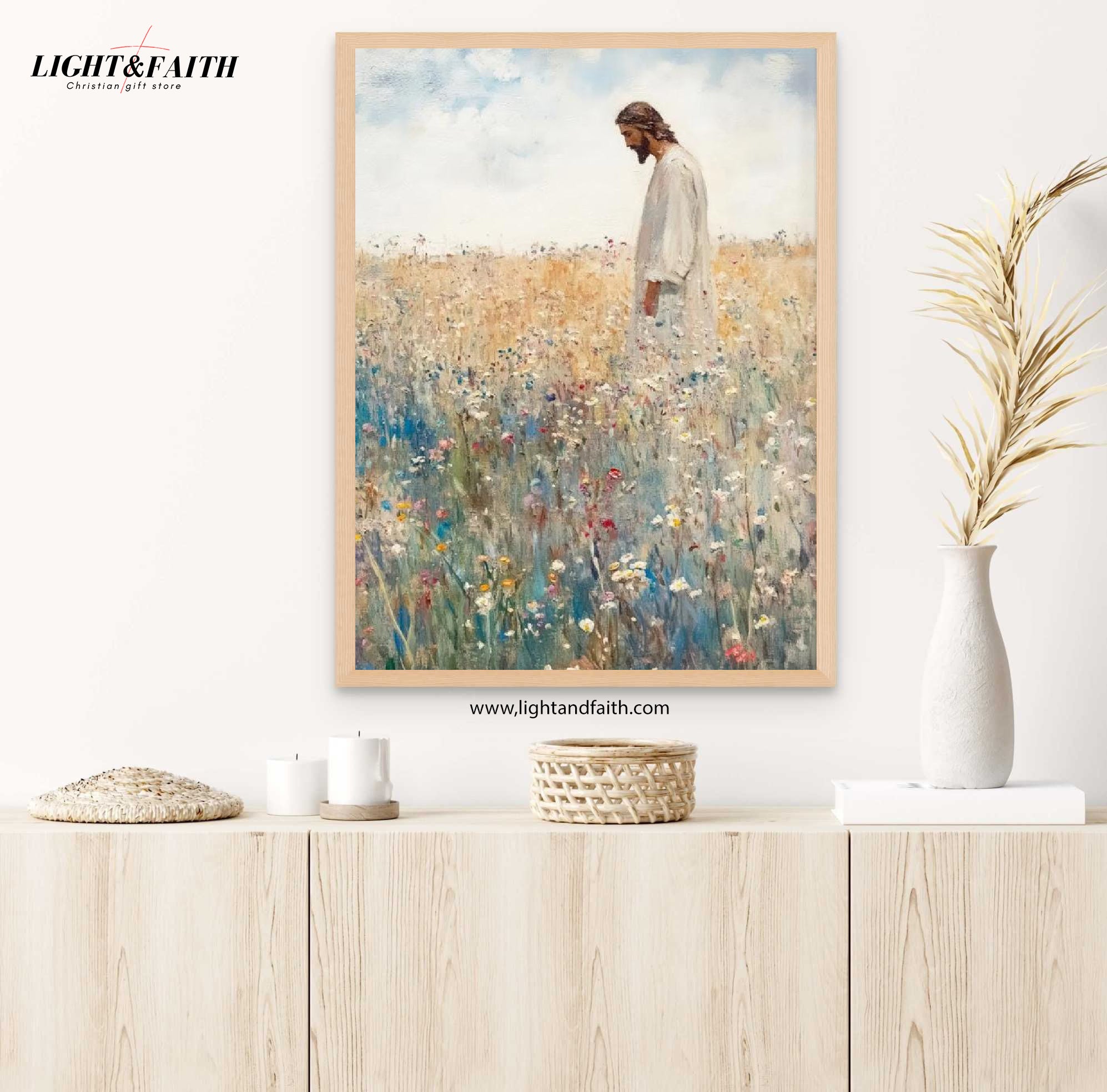 Jesus Leaves the 99 Poster, Christian Inspirational Poster, Autumn Wildflowers Field Poster, Christian Poster